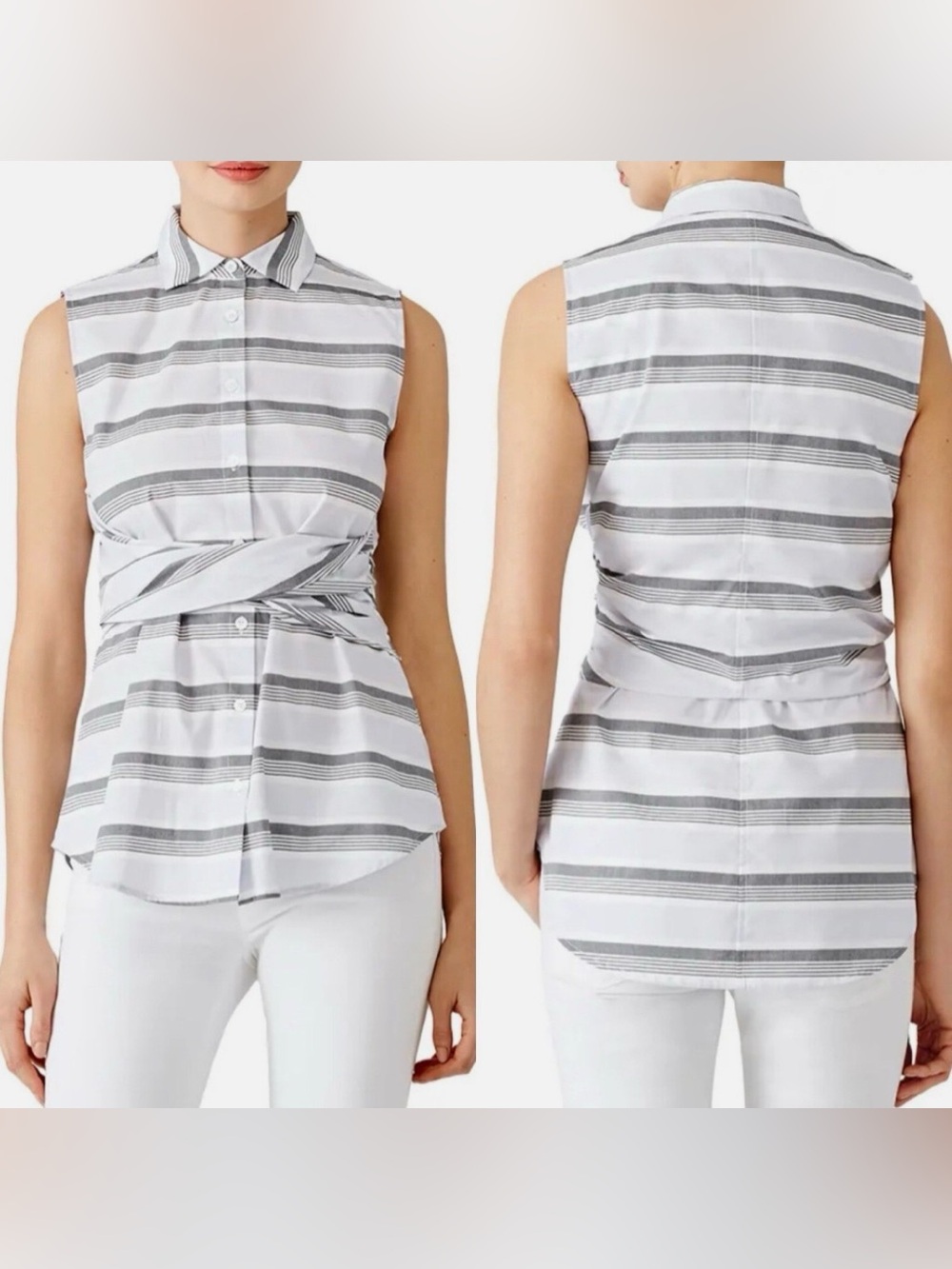 10 Crosby Derek Lam White & Gray Striped Sleeveless Tie-Waist Button Shirt
